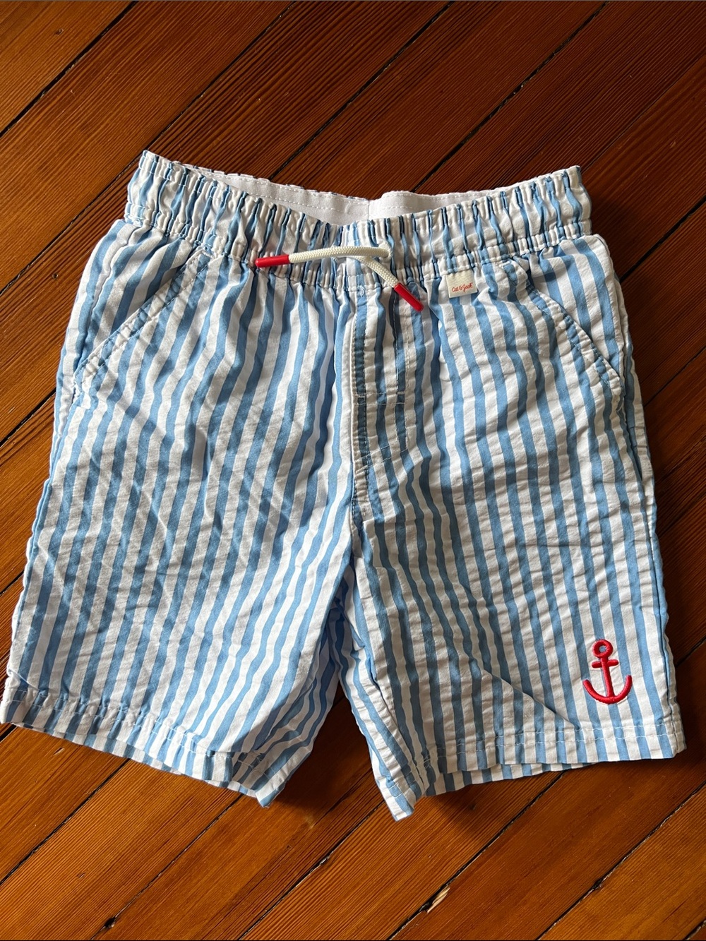 Cat & Jack White Swim Trunks with Blue Mesh Lining and Red Logo